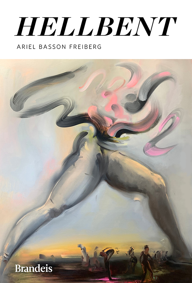 Woman's legs taking big stride, landscape with people in the distance, visible from between her legs, her torso replaced by wild painted gestures