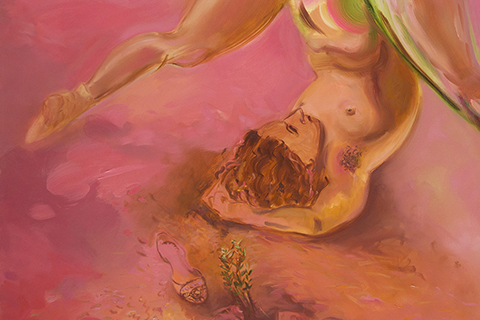 bright pink background, woman doing upside down splits