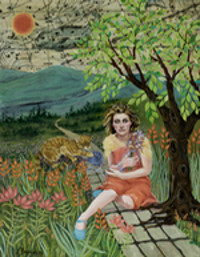 Painting of girl sitting on ground with green background