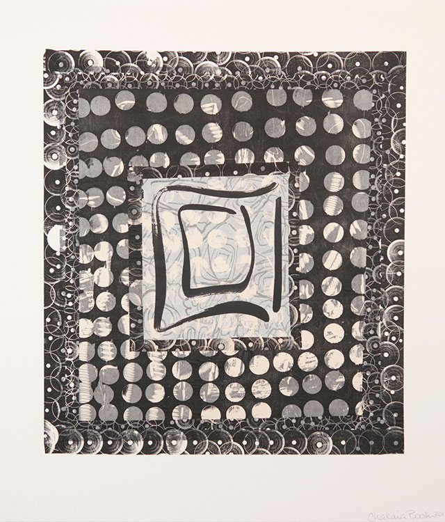 Print is a geometric image made of repeated circular shapes laid out concentrically within a square