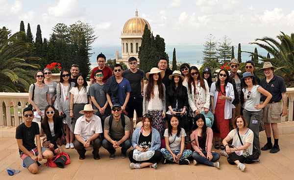 Brandeis students, faculty and staff at the Bahá'í Temple & Gardens in Haifa, Israel, during the 2018 Hassenfeld Overseas Immersion Program.