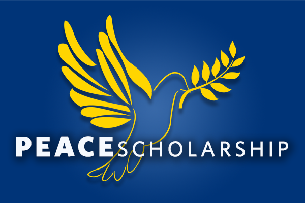 A graphic of a yellow dove with an olive branch in its beak and the words Peace Scholarship.