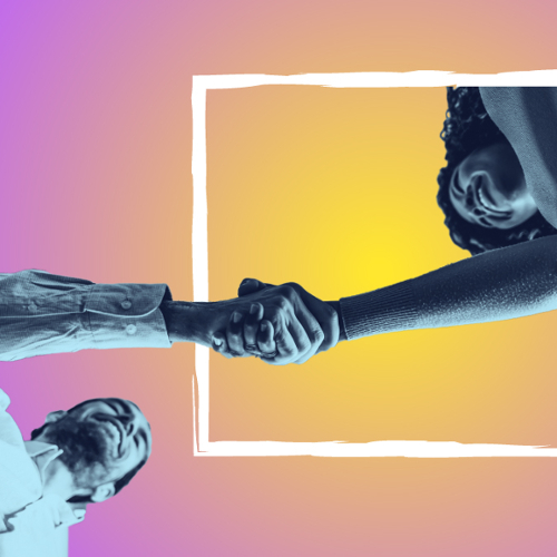 A photo of two people shaking hands in front of a yellow background that fades to purple.