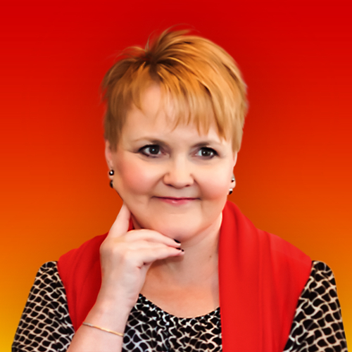 A portrait of Barbara Clarke in front of a red background that fades to orange.