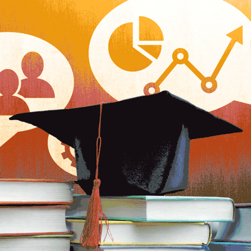A mortarboard cap with tassel on a pile of books with a pixelated orange background showing pie and line charts and a speech bubble containing silhouettes of people.