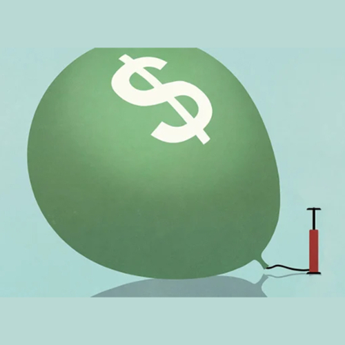 An illustration of a big green balloon with a dollar sign on it being pumped up.