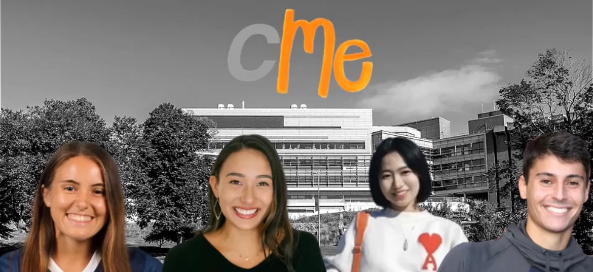 Four students in front of an image of the Brandeis campus and the app logo.
