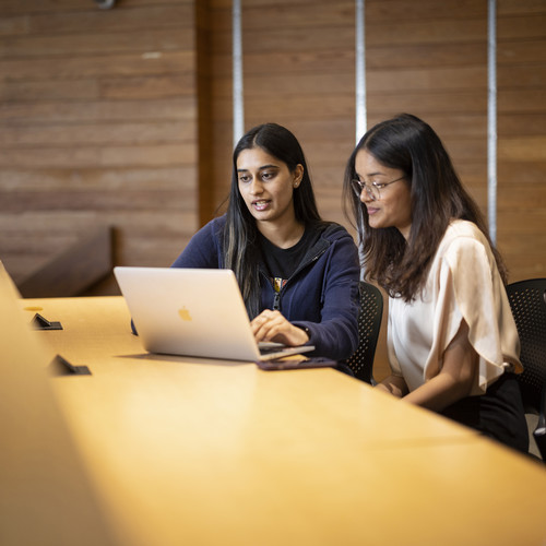 Two students work together on a laptop at a long table.