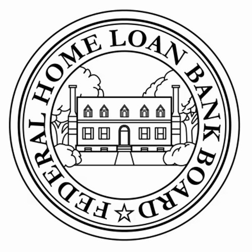 A black and white seal of the Federal Home Loan Bank Board, which has a house in the center and the lettering arched around the image.