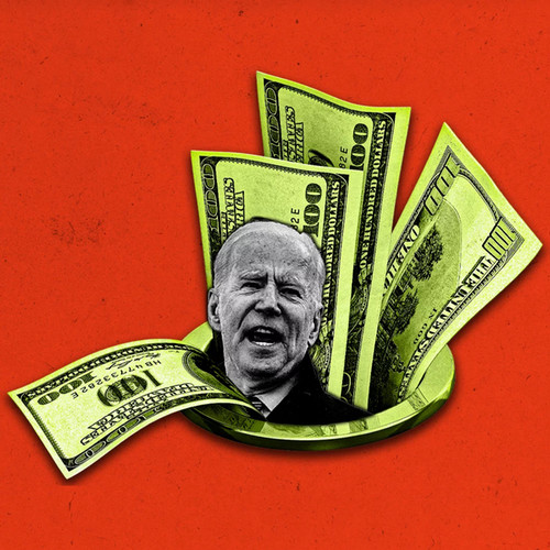 An illustration of a black and white picture of a mean looking Joe Biden amid illustrated dollar bills sticking out of a drain, all over a red background.