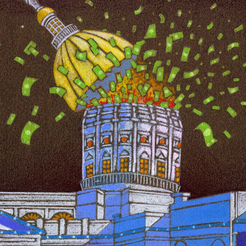 An illustration of the U.S. Capitol dome open like a lid with money flying out of it.