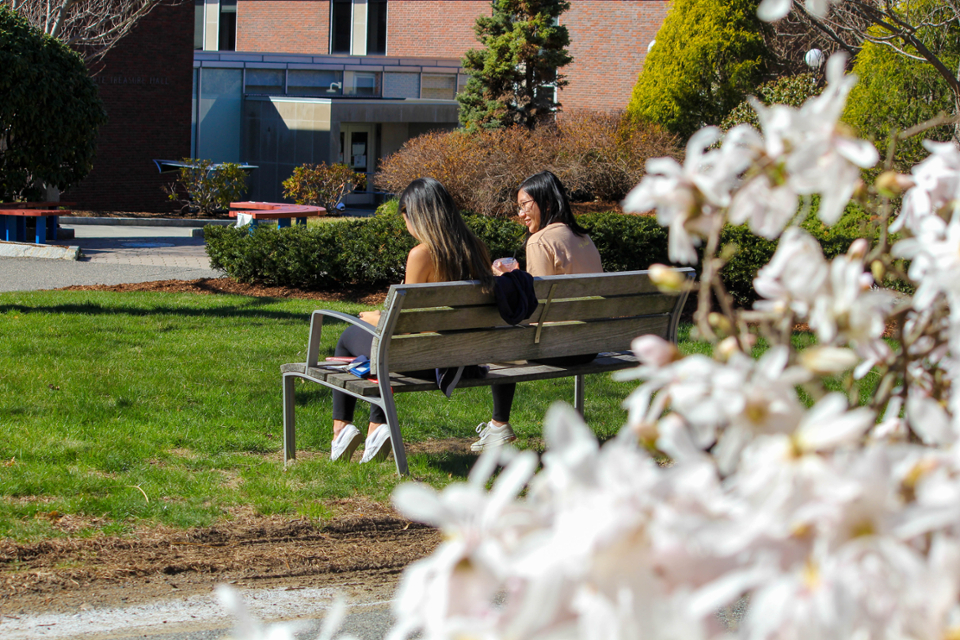 Two girls sitting on a bench on campus.