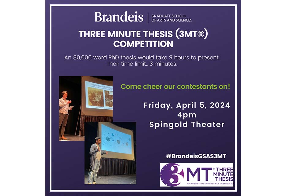 Two images of students standing next to projected slides. Text reads, "Brandeis Graduate School of Arts and Sciences Three Minute Thesis (3MT R) Competition. An 80,000 word PhD thesis would take 9 hours to present. Their time limit...3 minutes. Come cheer our contestants on! Friday, April 5, 2024, 4pm, Spingold Theater, #BrandeisGSAS3MT." At bottom is the 3MT logo, with a clock face and the text "3MT (r) Three Minute Thesis, founded by the University of Queensland."