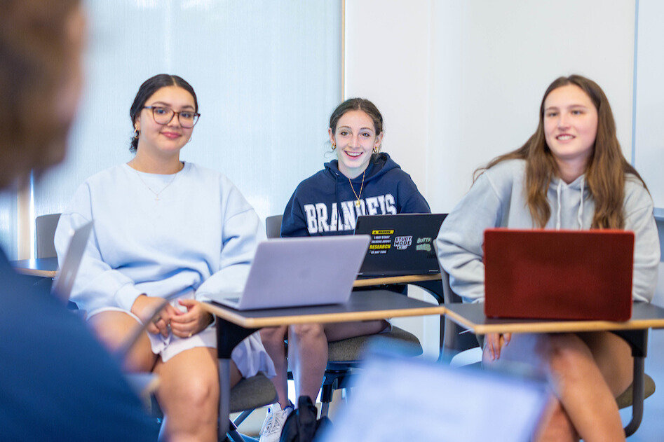 From left, Melissa Gutierrez ‘27, ’25 Kayla DiBenedetto and Sara Gazaille ’26 responds to a prompt in the Introduction to U.S. Latinx Literatures and Cultures (HISP 85A 1) class in the Mandel Center for Humanities.