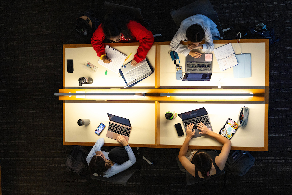 Four students study on laptops in the library at Brandeis University.