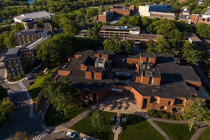 A drone shot of the Usdan Student Center