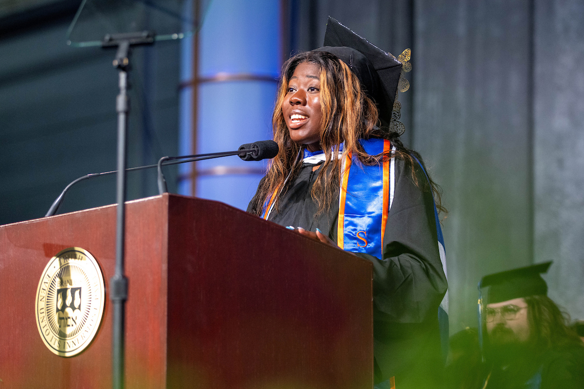 Senior Ianna Gilbert ’24 addresses her fellow graduating classmates during her speech at the 2024 Brandeis University undergraduate commencement ceremony.
