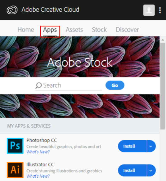 Adobe Creative Cloud with Apps tab selected
