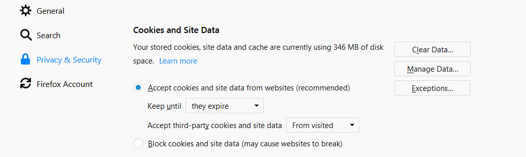 Firefox cookies setting