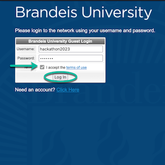 Guest login requiring credentials and acceptance of terms of use. 