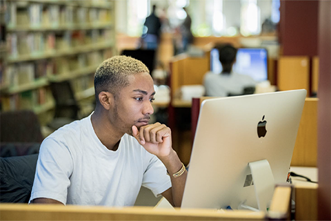 A student working on a computer in the library.
