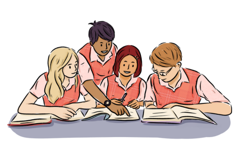 Drawing of 4 people discussing the open books on the table in front of them.
