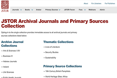A screenshot of the JSTOR collections page.