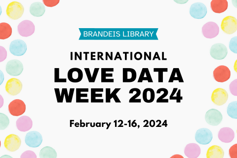 Colored dots surround the text, "Brandeis Library International Love Data Week 2024; February 12-16, 2024"