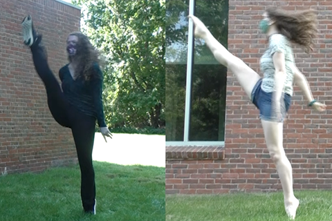 Two images of Sophie Brill-Weitz filming her dance and performing a high kick