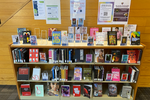 Display of books on a bookcase with signs above. Items on the display are on sexual health and wellbeing