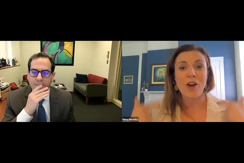 Zoom video window of Jon Levisohn and Ilana Horwitz in discussion