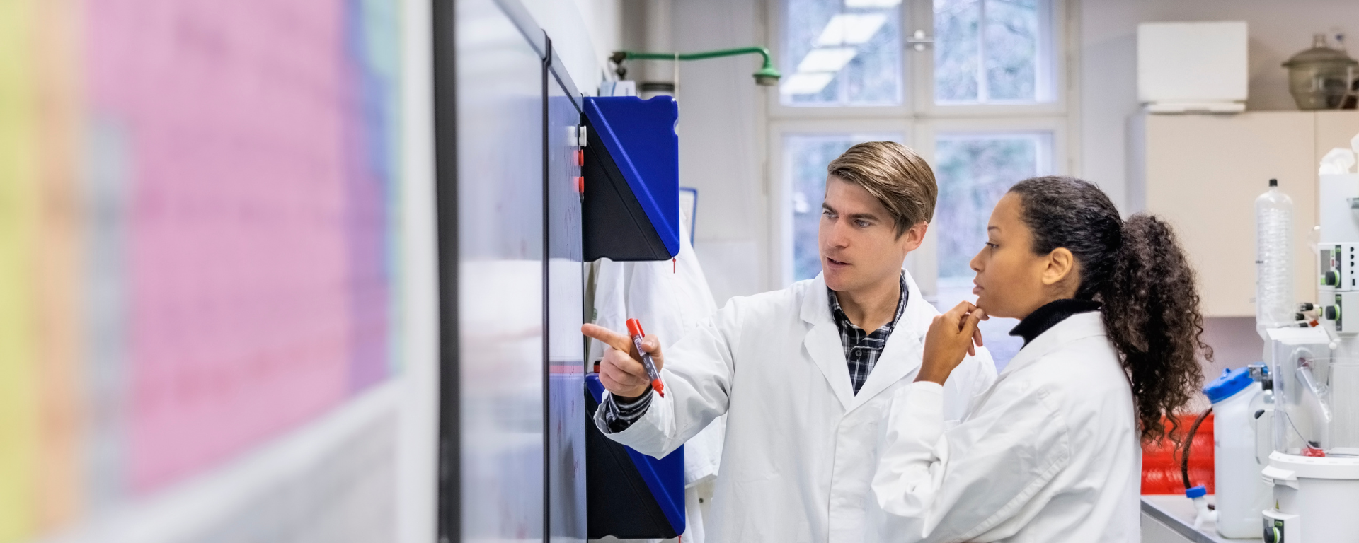 Scientists looking at a smartboard