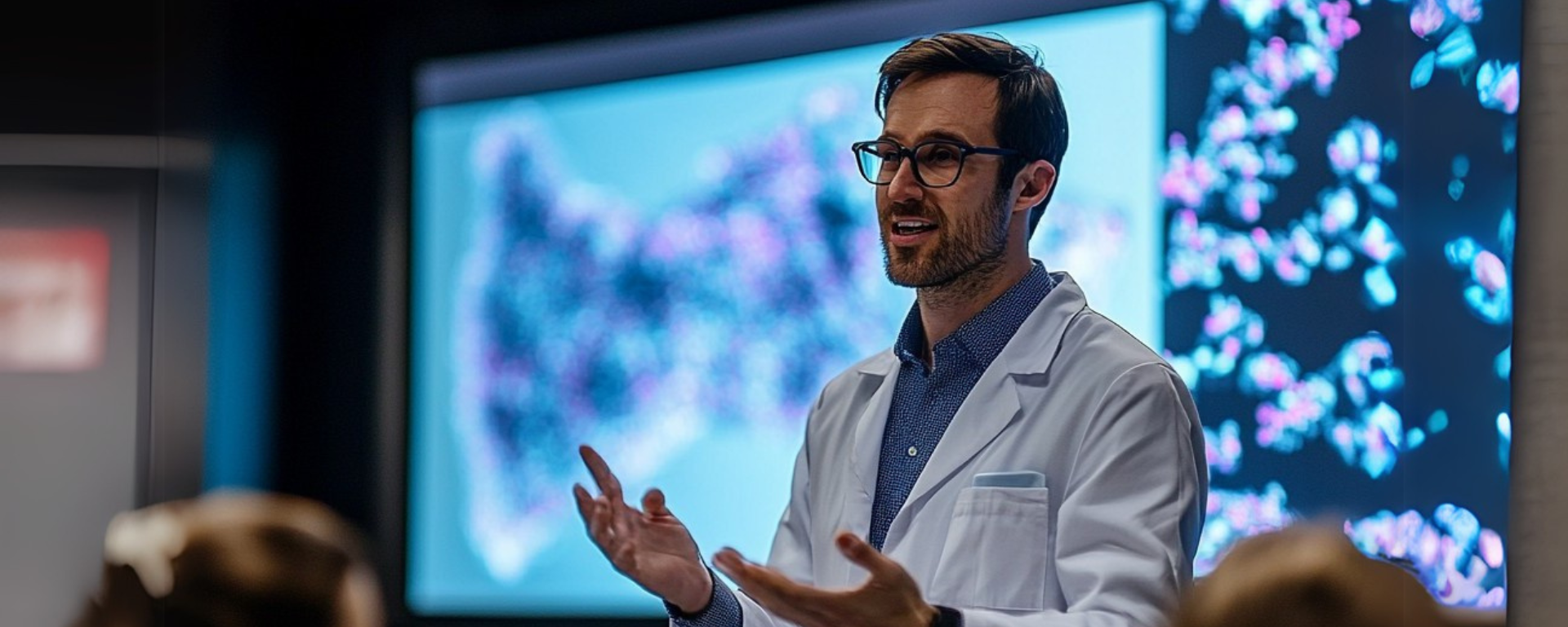Scientist presenting in front of a crowd