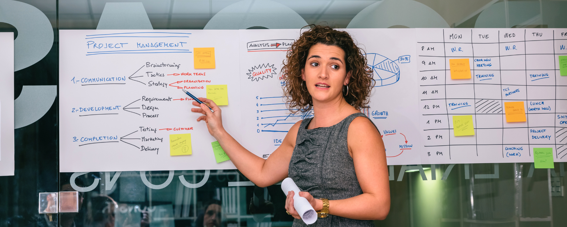 A person stands in front of a board covered in sticky notes, speaking to a team.