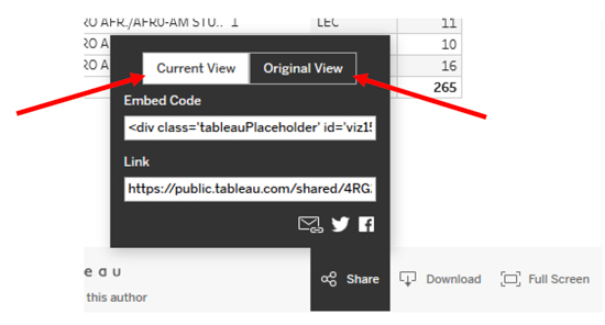 screenshot that identifies "current view" and "original view" options with red arrows.