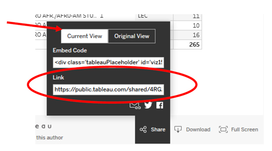 screenshot that identifies "Current View" option with red arrow and shows a sample "Link" highlighted with red circle.