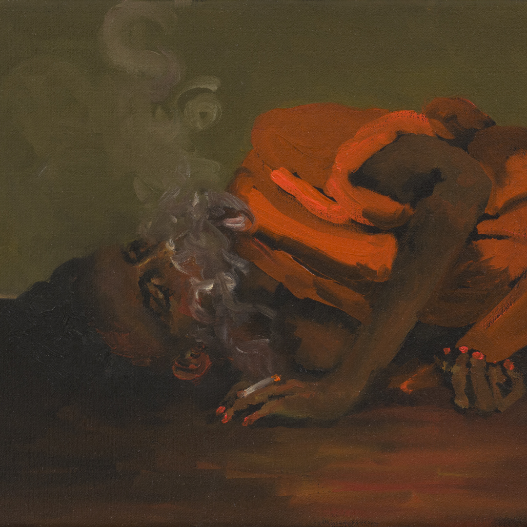 Detail from the painting "Tell Me More," depicting a black woman laying on her side on the floor in a red robe smoking a cigarette.