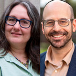 Headshots of Naomi Seidman, smiling infront of a concrete background, and Joshua Shanes, smiling in front of the green background; both waering glassese and formal clothes.