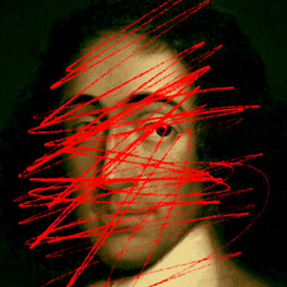A painting of Baruch Spinoza's face that has been defaced with red scribbles